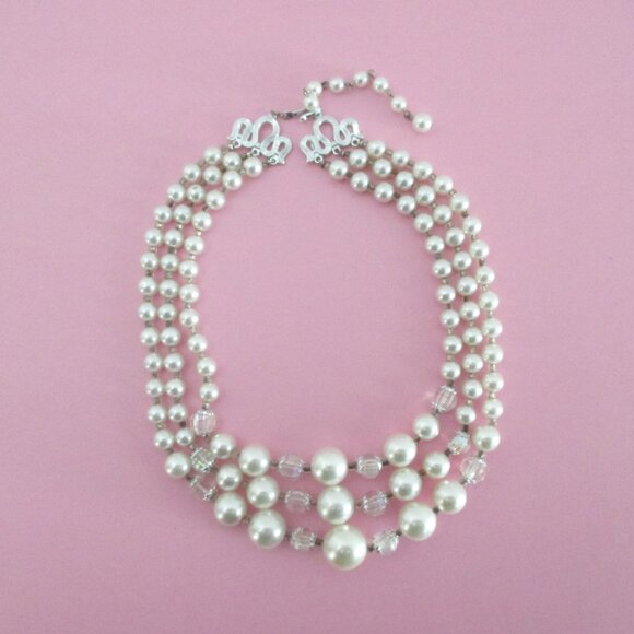 Glass Pearl Bead Necklace Triple Strand Crystals - Picture 4 of 8